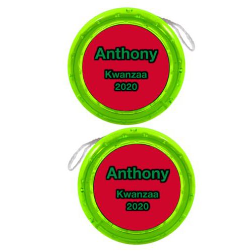 Personalized yoyo personalized with concaved pattern and the saying "Anthony Kwanzaa 2020"