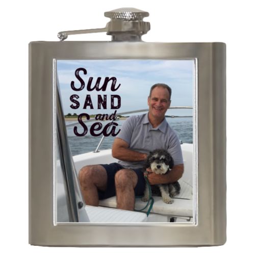 Personalized 6oz flask personalized with photo and the saying "Sun sand and sea"