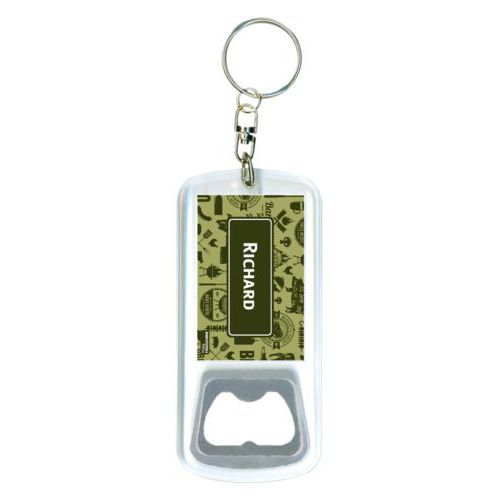 Personalized bottle opener personalized with bbq club pattern and name in olive and mossy