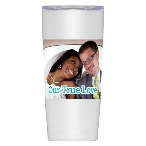 Personalized insulated steel mug personalized with photo and the saying "Our True Love"