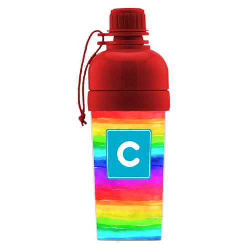 Kids water bottle personalized with rainbow bright pattern and initial in caribbean party goods