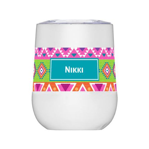 Personalized insulated wine tumbler personalized with aztec pattern and name in cerulean