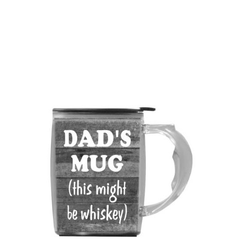 Custom mug with handle personalized with grey rustic pattern and the saying "DAD'S MUG (this might be whiskey)"