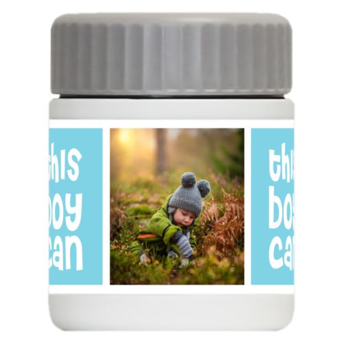 Personalized 12oz food jar personalized with a photo and the saying "this boy can" in 1055 (sweet teal and white)