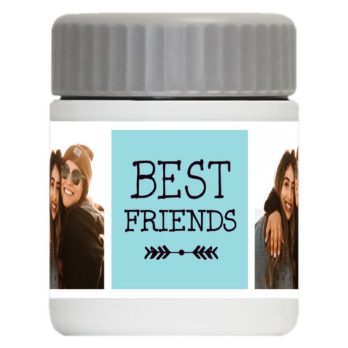 Personalized 12oz food jar personalized with a photo and the saying "Best Friends" in black and robin's shell