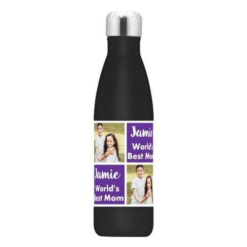 Stainless water bottle personalized with a photo and the saying "Jamie World's Best Mom" in purple and white