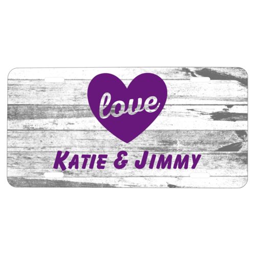 Custom license plate personalized with white rustic pattern and the sayings "love" and "Katie & Jimmy"