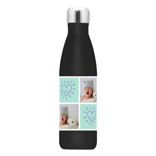Custom insulated water bottle personalized with a photo and the saying "Smiling Heart" in easter purple and mint