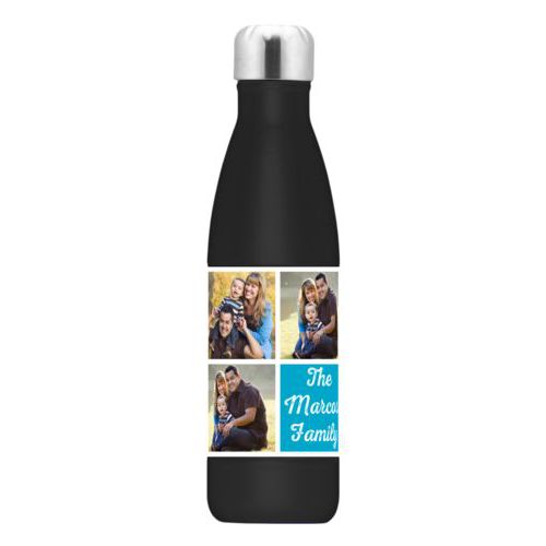 Personalized steel water bottle personalized with photos and the saying "The Marcos Family" in juicy blue and white