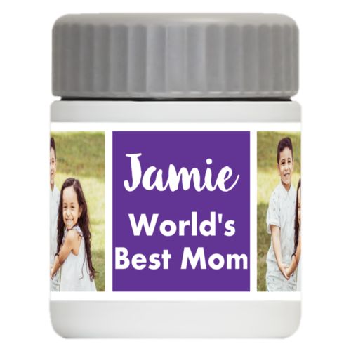 Personalized 12oz food jar personalized with a photo and the saying "Jamie World's Best Mom" in purple and white