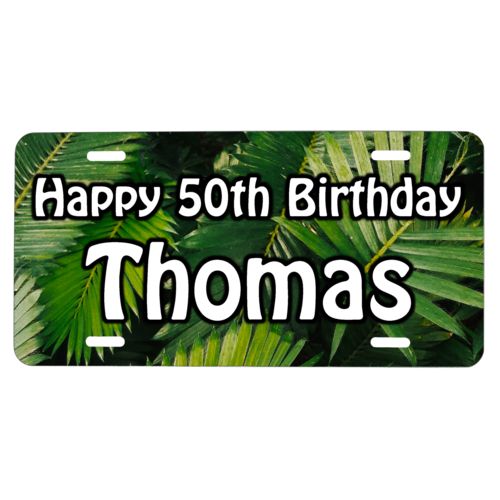 Custom license plate personalized with plants fern pattern and the saying "Happy 50th Birthday Thomas"