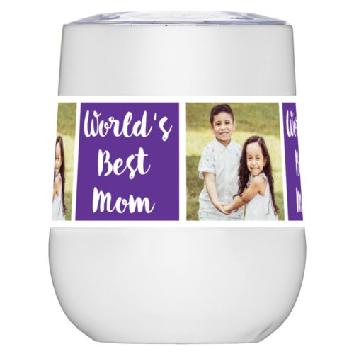 Personalized insulated wine tumbler personalized with a photo and the saying "Jamie World's Best Mom" in purple and white