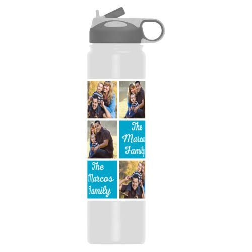Custom water bottle personalized with photos and the saying "The Marcos Family" in juicy blue and white