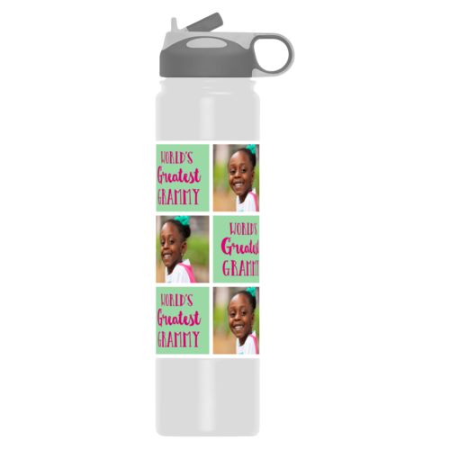 Custom water bottle personalized with a photo and the saying "World's Greatest Grammy" in pomegranate and spearmint