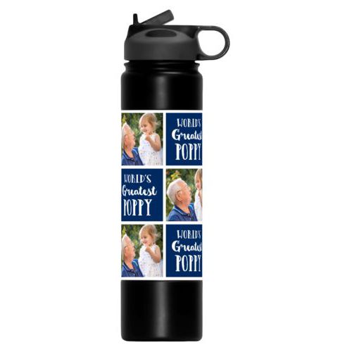 Custom reusable water bottle personalized with a photo and the saying "World's Greatest Poppy" in navy blue and white