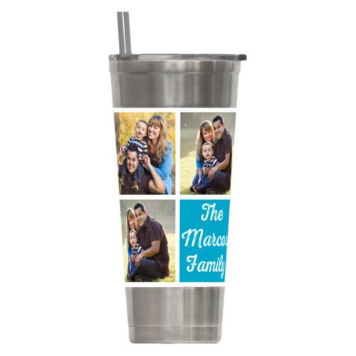 Personalized insulated steel tumbler personalized with photos and the saying "The Marcos Family" in juicy blue and white