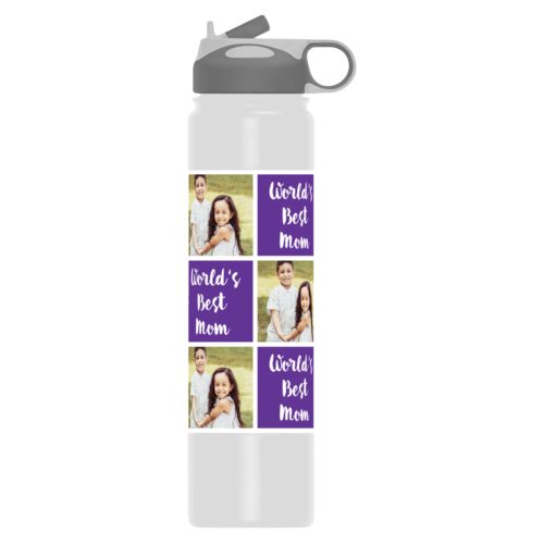Vacuum sealed water bottle personalized with a photo and the saying "Jamie World's Best Mom" in purple and white