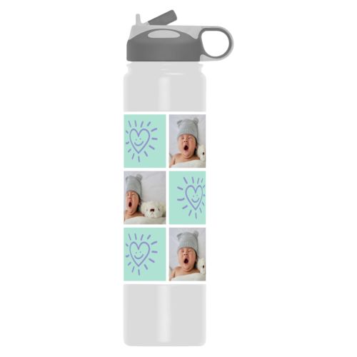 Insulated water bottle personalized with a photo and the saying "Smiling Heart" in easter purple and mint