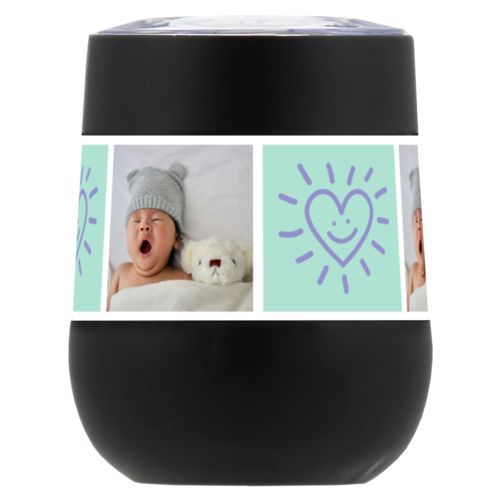 Personalized insulated wine tumbler personalized with a photo and the saying "Smiling Heart" in easter purple and mint