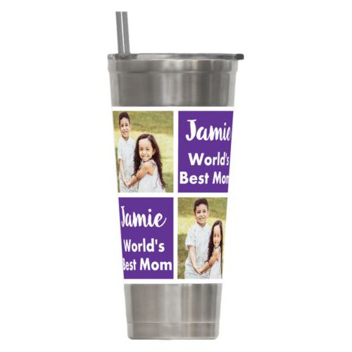 Personalized insulated steel tumbler personalized with a photo and the saying "Jamie World's Best Mom" in purple and white