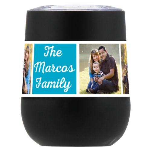 Personalized insulated wine tumbler personalized with photos and the saying "The Marcos Family" in juicy blue and white