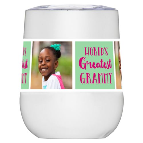 Personalized insulated wine tumbler personalized with a photo and the saying "World's Greatest Grammy" in pomegranate and spearmint