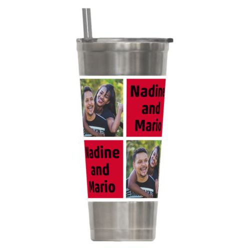 Personalized insulated steel tumbler personalized with a photo and the saying "Nadine and Mario" in black and apple red