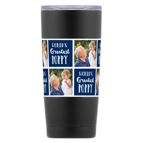 Personalized insulated steel mug personalized with a photo and the saying "World's Greatest Poppy" in navy blue and white