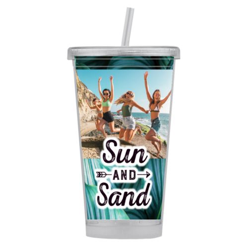 Personalized tumbler personalized with photo and the saying "Sun and Sand"