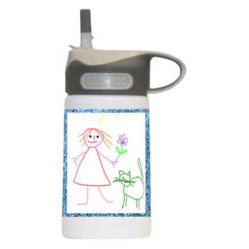 Water bottle for 5 year old personalized with light blue glitter pattern and photo