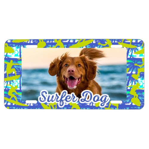 Personalized license plate personalized with sup pattern and photo and the saying "Surfer Dog"