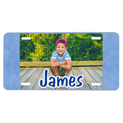 Personalized license plate personalized with blue chalk pattern and photo and the saying "James"