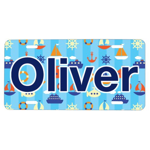 Custom license plate personalized with submarine pattern and the saying "Oliver"