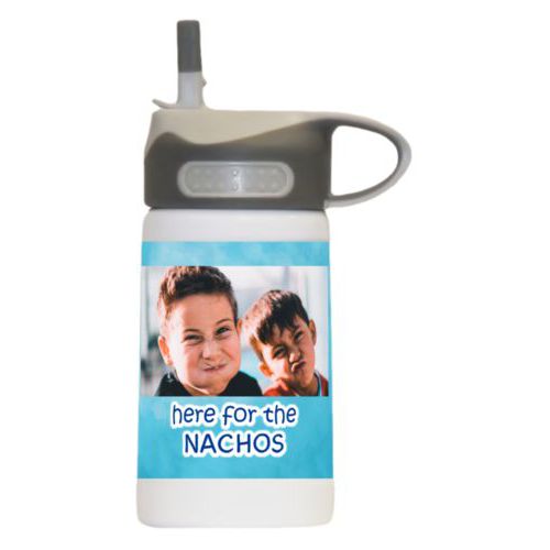 Childrens water bottle personalized with teal cloud pattern and photo and the saying "here for the Nachos"