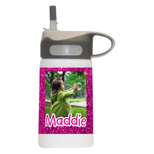 Cute water bottle for kids personalized with pink glitter pattern and photo and the saying "Maddie"