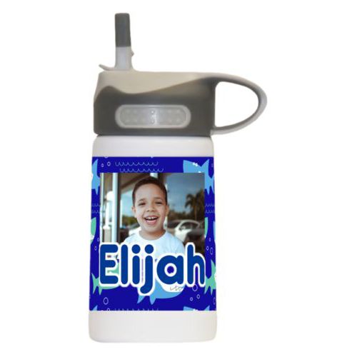 Kids water bottle for school personalized with sharks pattern and photo and the saying "Elijah"