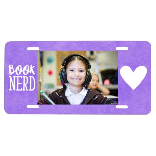 Vanity car plate personalized with purple chalk pattern and photo and the sayings "book nerd" and "Heart"