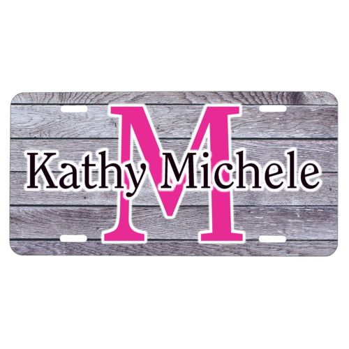 Personalized license plate personalized with grey wood pattern and the sayings "M" and "Kathy Michele"