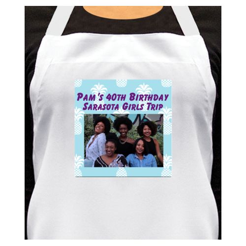 Personalized apron personalized with welcome pattern and photo and the saying "Pam's 40th Birthday Sarasota Girls Trip"
