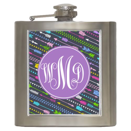 Personalized 6oz flask personalized with arrows pattern and monogram in purple powder