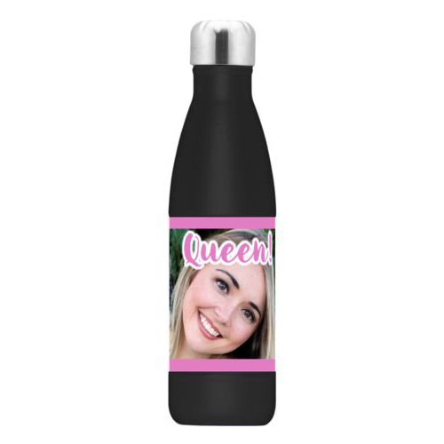 Custom insulated water bottle personalized with photo and the saying "Queen!"