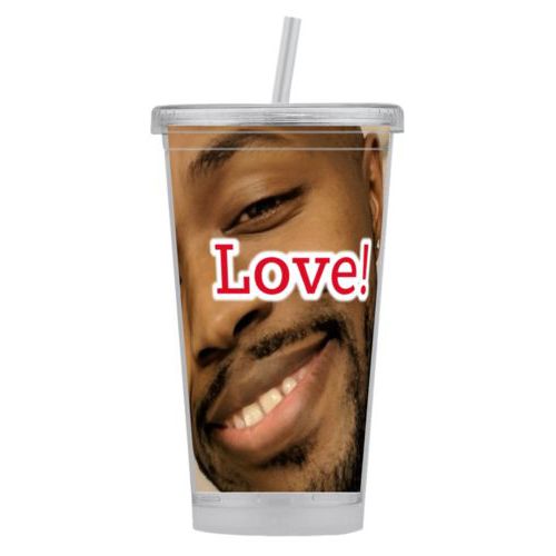 Personalized tumbler personalized with photo and the saying "Love!"