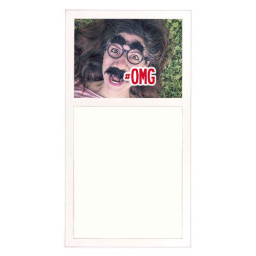 Personalized white board personalized with photo and the saying "#omg"