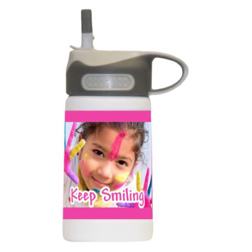 Kids stainless steel water bottle personalized with photo and the saying "Keep Smiling"
