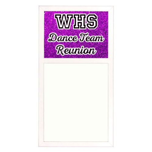 Personalized white board personalized with fuchsia glitter pattern and the saying "WHS Dance Team Reunion"