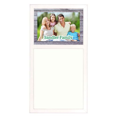 Personalized white board personalized with grey wood pattern and photo and the saying "Sandler Family"