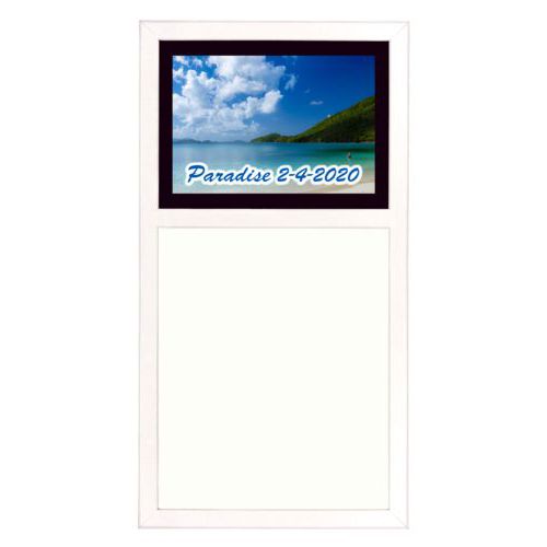 Personalized white board personalized with photo and the saying "Paradise 2-4-2020"