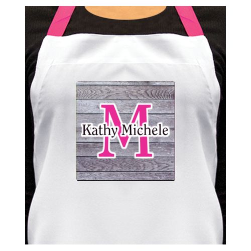 Personalized apron personalized with grey wood pattern and the sayings "M" and "Kathy Michele"