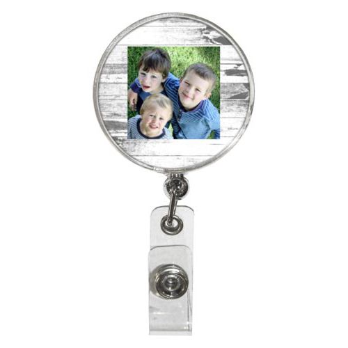 Personalized badge reel personalized with white rustic pattern and photo