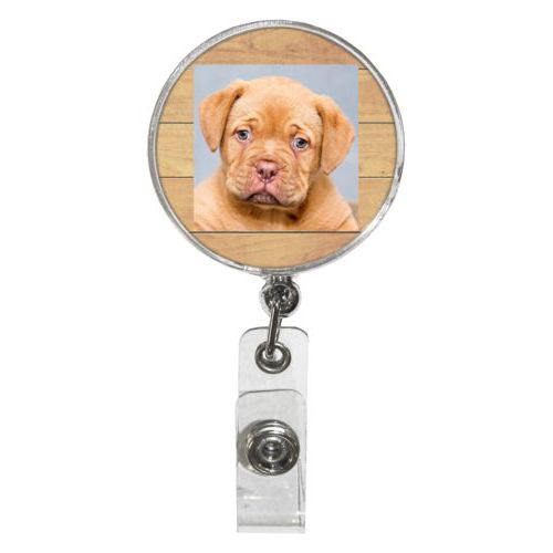 Personalized badge reel personalized with natural wood pattern and photo